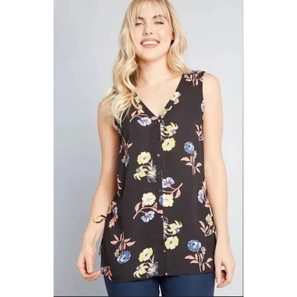 ModCloth‎ Simple Decision Black Floral Tank Top Blouse XXS NWT